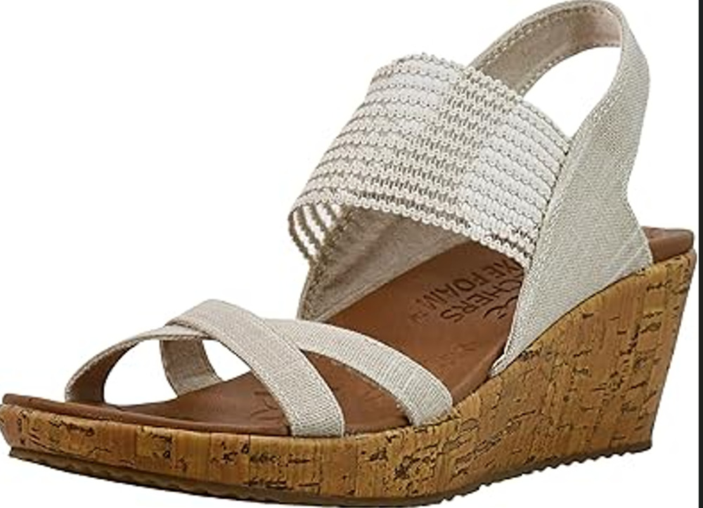 Skechers Beverlee High Tea Wedge Sandal Sz 11 Natural Cork Heel Sling Back 31723